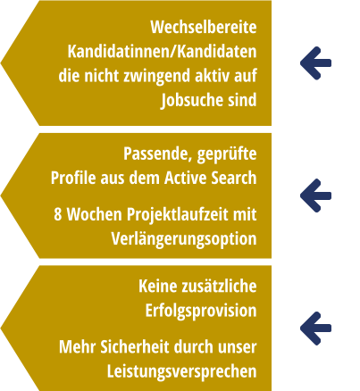 Wechselbereite Kandidatinnen/Kandidaten die nicht zwingend aktiv auf Jobsuche sind        Passende, geprüfte Profile aus dem Active Search   8 Wochen Projektlaufzeit mit Verlängerungsoption Keine zusätzliche Erfolgsprovision  Mehr Sicherheit durch unser Leistungsversprechen
